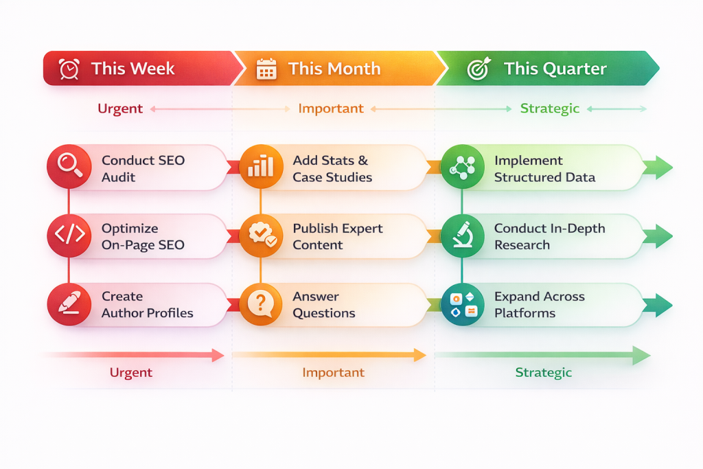 Step-by-step action timeline for implementing AI search optimization strategies